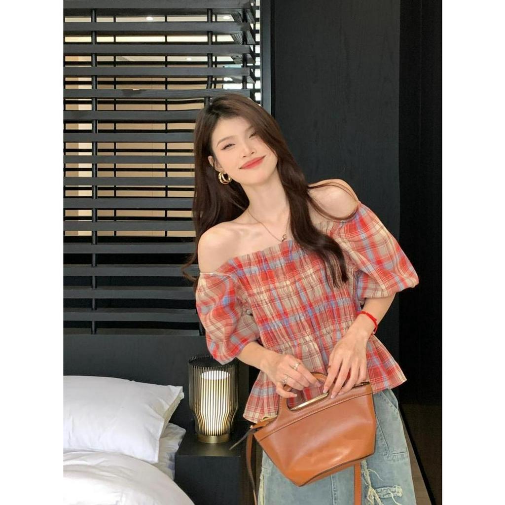 Áo kiểu nữ, áo kẻ cộc tay phồng nữ bo chun ngực, cổ vuông dáng ngắn xòe thời trang hot trend NGOCDIEP BOUTIQUE