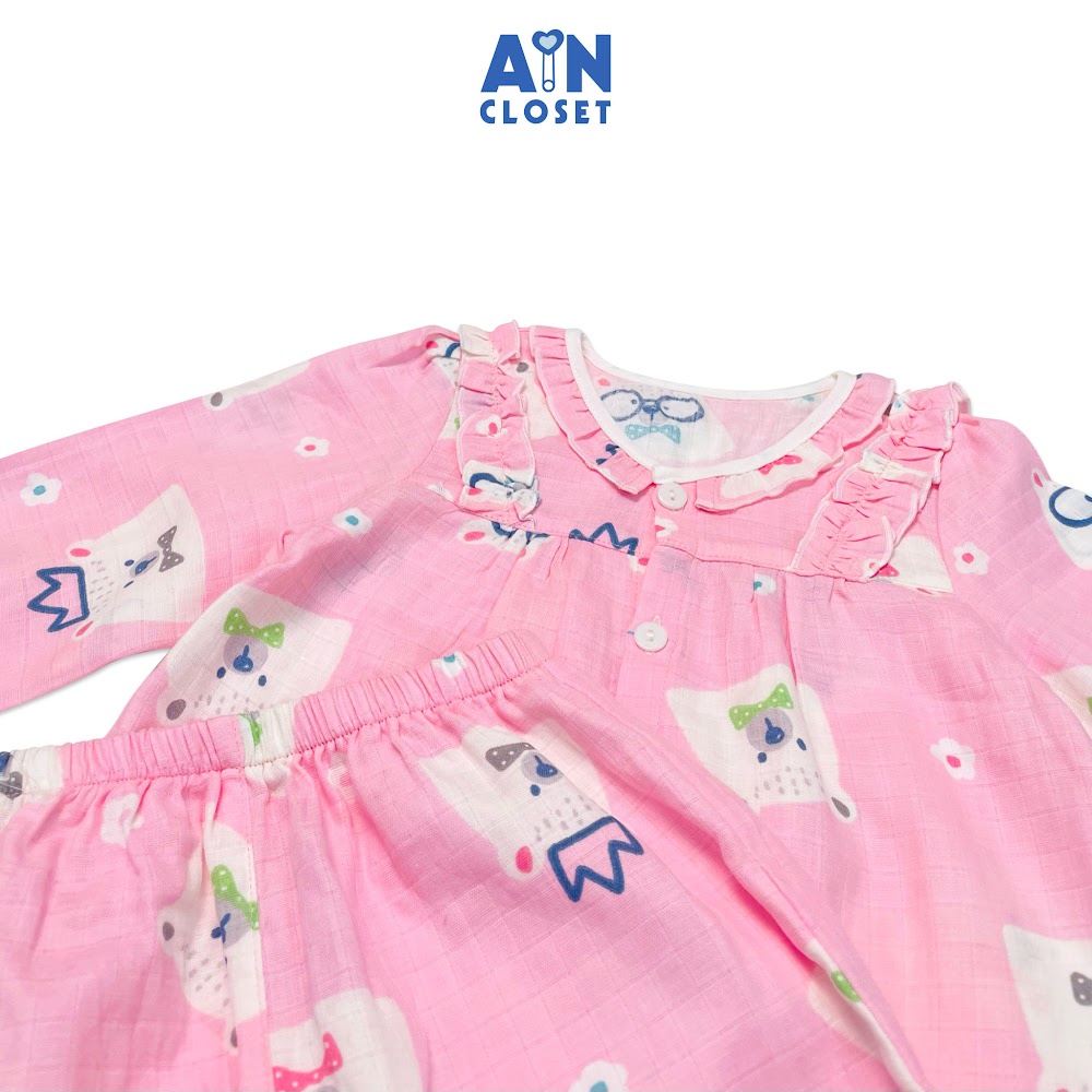 Bộ quần áo dài bé gái họa tiết Gấu Bắc Cực nền hồng xô sợi tre - AICDBGOR5M1I - AIN Closet