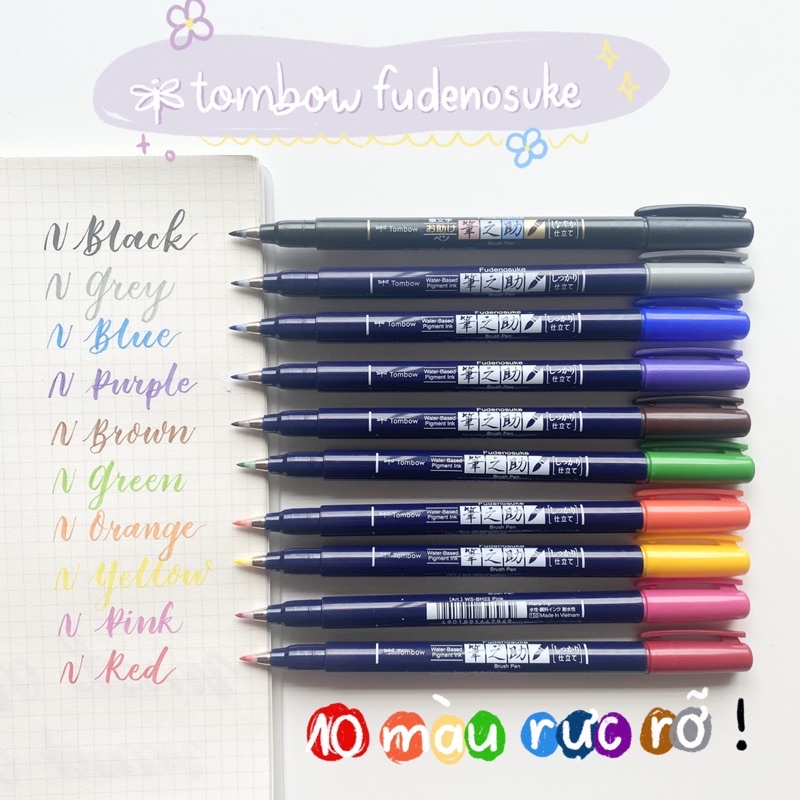 Bút viết thư pháp calligraphy Tombow Fudenosuke 10 màu rực rỡ