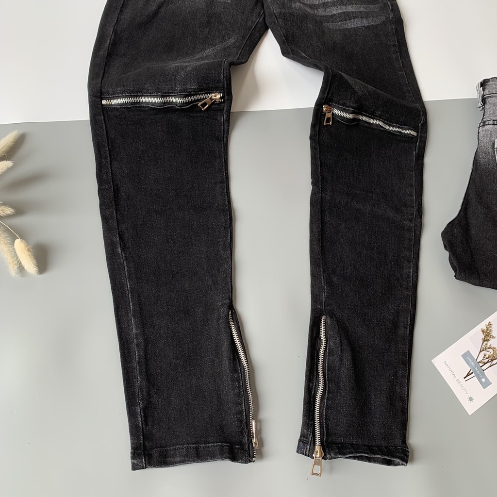 Quần Bò Nam Pha Đen Xám Thêu Khoá Zip Gối Ống Cực Đỉnh QJ59P