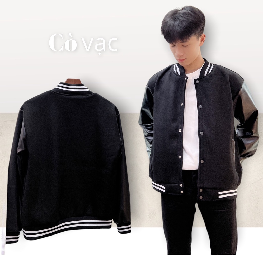 Áo Bomber Nam Trơn Hai Màu Tay Da Đen Và Tay Da Trắng, Kiểu Dáng Khoác Ngoài