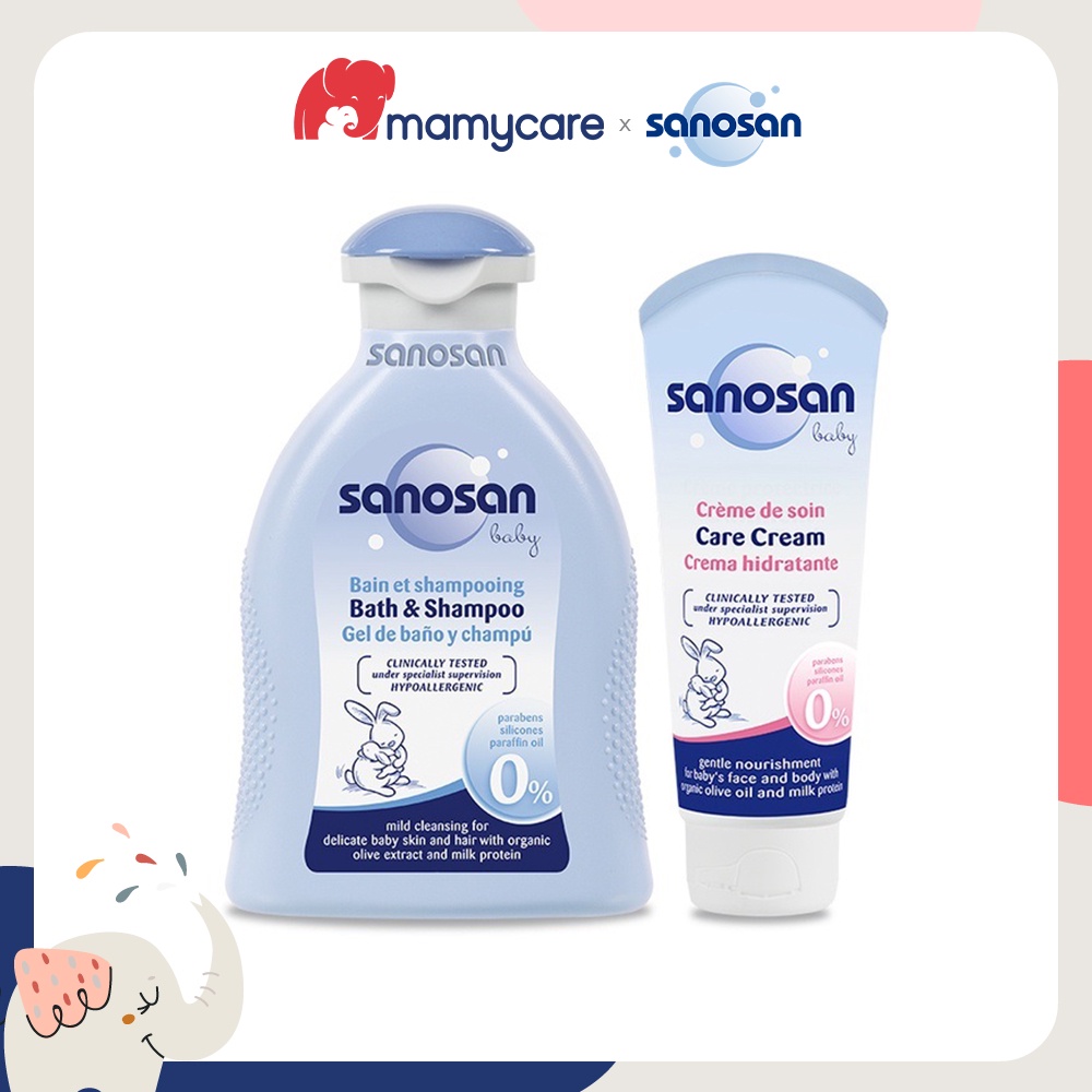 Combo sữa tắm gội dịu nhẹ Baby 200ml và Kem dưỡng ẩm Baby 75ml Sanosan chiết xuất olive hữu cơ - MAMYCARE