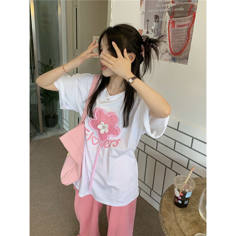 Áo Thun Ngắn Tay In Họa Tiết Hoa Ba Chiều Phong Cách Hàn Quốc Mới Cho Nữ
