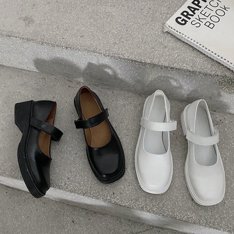 Giày Mary Jane Cao Gót 3Cm Mũi Vuông QUAI DÁN Giày Lolita Đế Cao 2 Màu Đen Trắng Da Cao Cấp MJ02-Molita