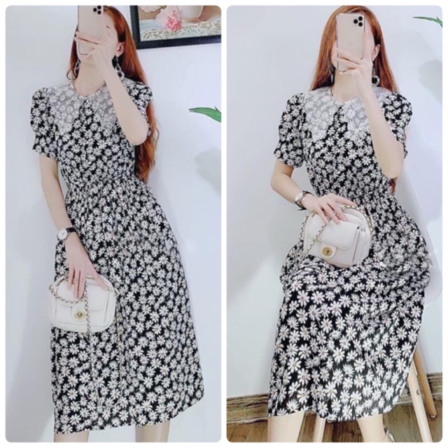 ĐẦM MIDI HOA CÚC CỔ REN (KÈM HÌNH THẬT)