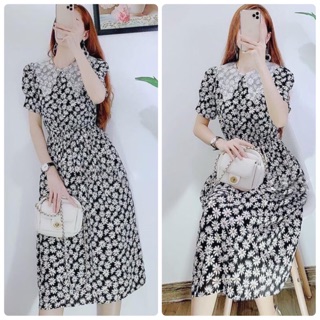 Đầm midi hoa cúc cổ ren