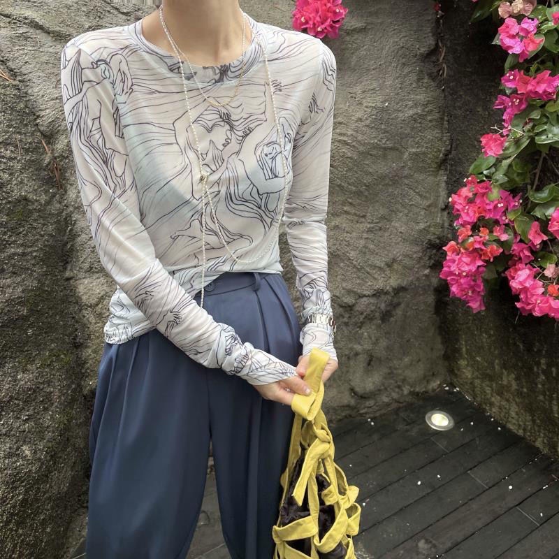 Áo thun lưới tay dài dáng ôm thời trang xuân hè 2023 cho phái nữ