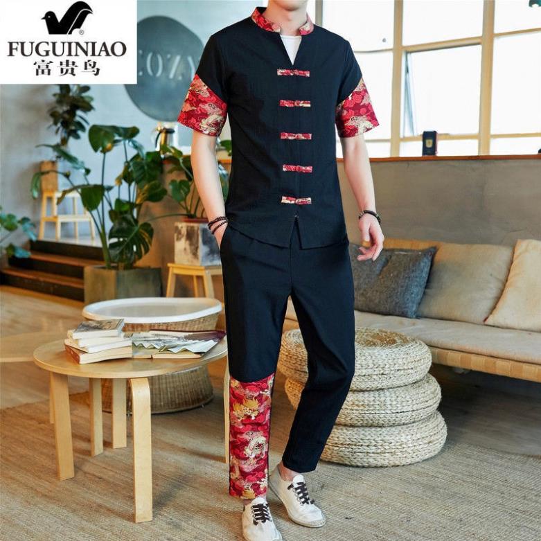 Xả rich bird mùa hè giản dị Bộ đồ lanh kiểu Trung Quốc Áo thun nam ngắn tay vải và cotton retro dành cho giới cộng vớ