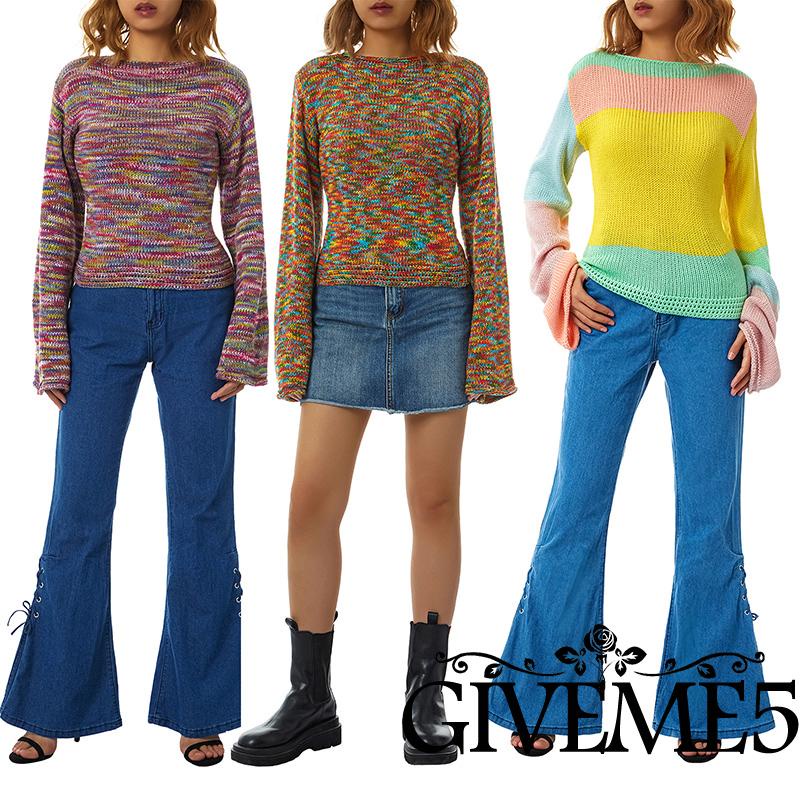 Áo sweater dệt kim tay dài cổ tròn màu sắc cầu vồng thời trang mùa thu cho nữ