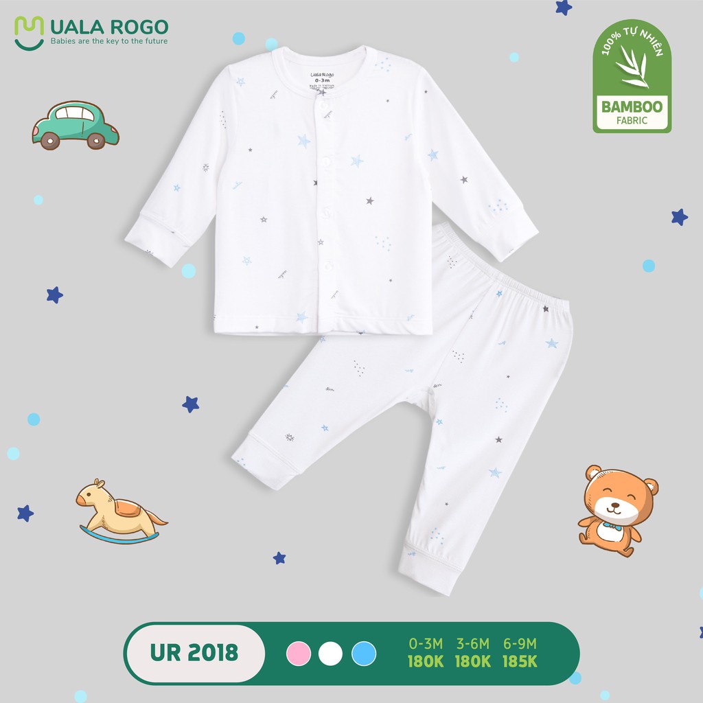 Bộ Uala Rogo Bamboo mềm mịn cao cấp thấm hút tốt dài tay sơ sinh cài giữa họa tiết viền mớii cho bé 2018 2051 2032