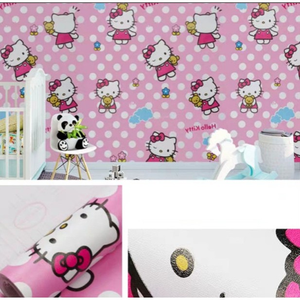 Cuộn 10m decal giấy dán tường kitty chấm bi khổ 45cm keo sẵn
