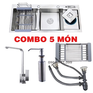 COMBO CHẬU CHÉN 2 HỘC 1 CÁNH CÓ DẮT DAO THỚT RỔ RÁC ĐA NĂNG INOX 304 KT 10048