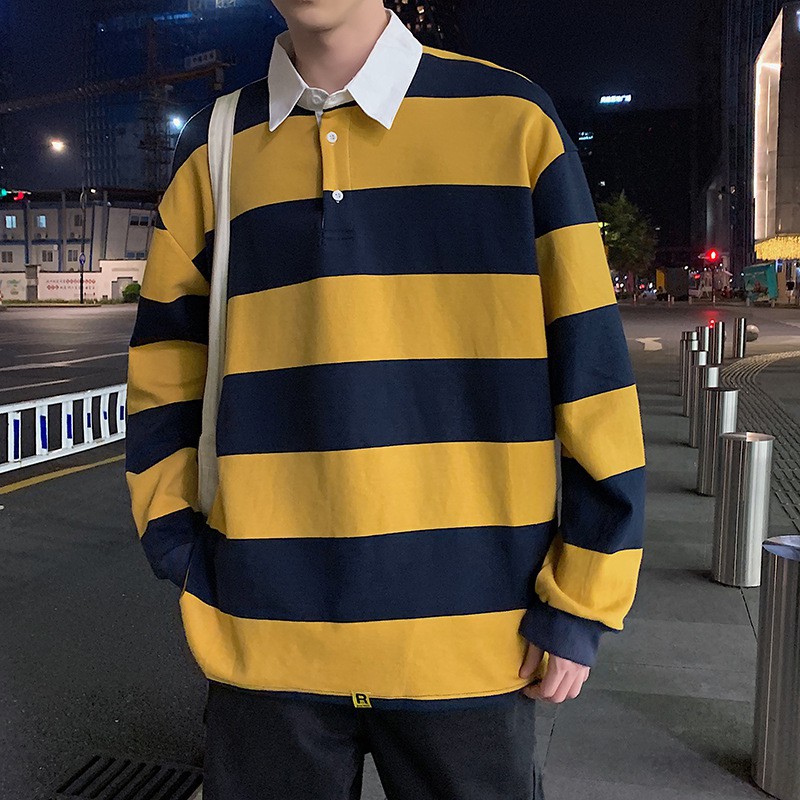 Áo sweater dài tay họa tiết kẻ sọc phối cổ POLO phong cách hoang dã mới dành cho nam thun unisex