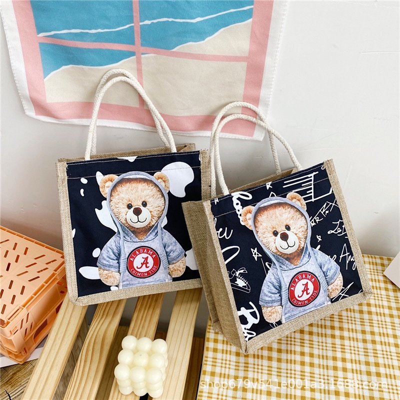 Túi Xách Tay Bằng Vải Canvas Thiết Kế Hình Gấu Dễ Thương Thời Trang Mùa Thu 2021 Dành Cho Học Sinh