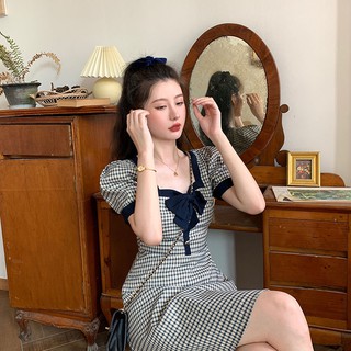 【Nước hoa miễn phí】Váy kẻ sọc nơ mới váy cổ vuông
