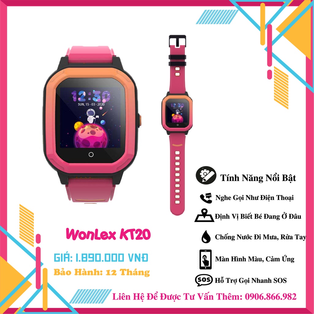 Đồng Hồ Định Vị Trẻ Em Chống Nước Chính Hãng Wonlex KT20, Màn Hình Cảm Ứng, Có RUNG, Video Call Định Vị GPS, Màu Hồng
