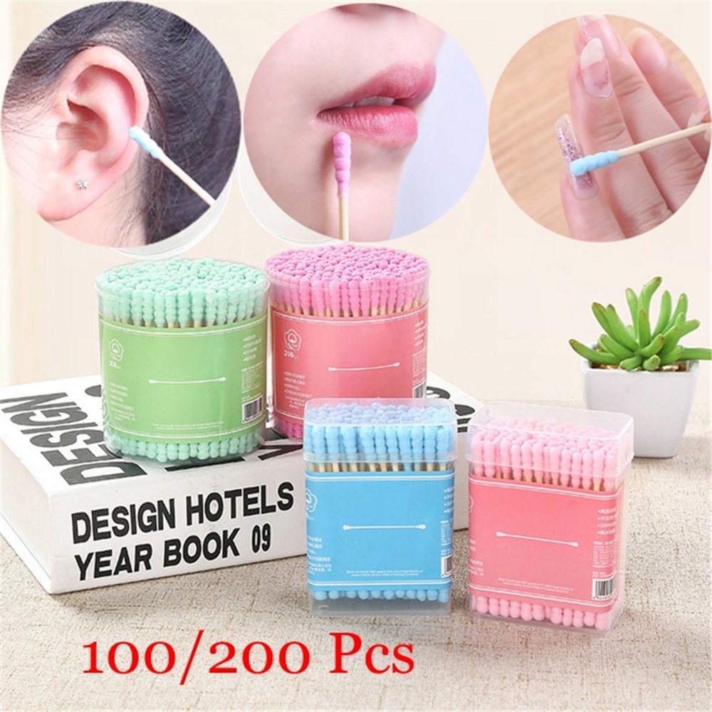 DIACHA 100/200Pcs With Storage Box Beauty Buds Sticks Disposable Nose Ears Cleaning Cotton Swabs Health Care Double Heads Applicator Tool Hot Bamboo Wood/Multicolor