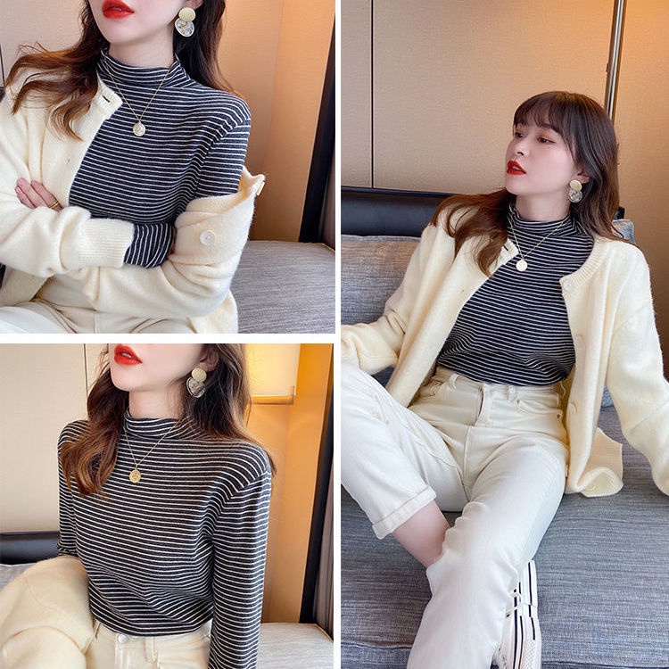 Áo Thun Tay Dài Cổ Cao 95% Cotton Họa Tiết Kẻ Sọc Thời Trang Cho Nữ 2021