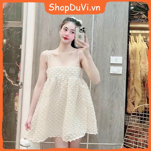 Đầm Voan Lông Vũ BBD Hai Dây - Form Babydoll Suông Rộng Thoải Mái - Tiểu Thư Bánh Bèo Cute