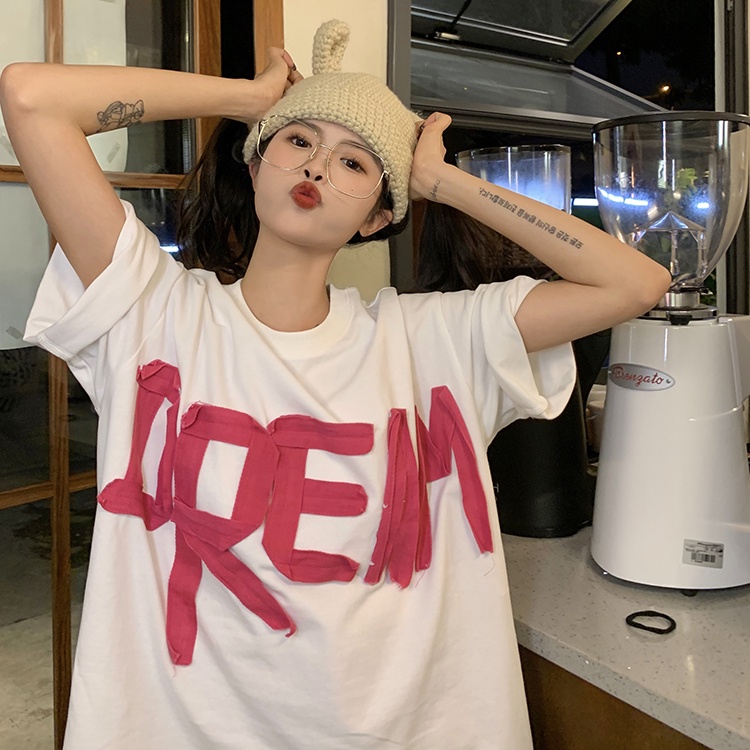 QKOOLE Áo thun nữ  ngắn tay cổ tròn in họa tiết phong cách Hàn Quốc