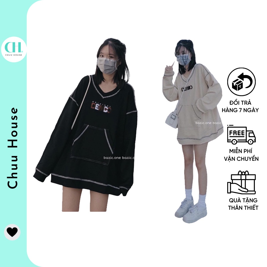 Áo Sweater Nữ Cổ V Thêu DEMCO Viền Chỉ 3 Màu Lựa Chọn Dễ Phối Đồ -Chuu House- CH0096