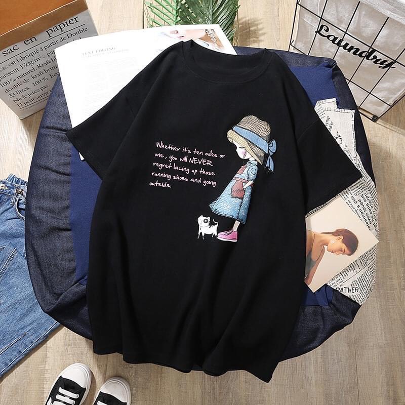 Áo thun tay lỡ Unisex Girl Cat form rộng Freesize dành cho nam nữ Molly Fashion