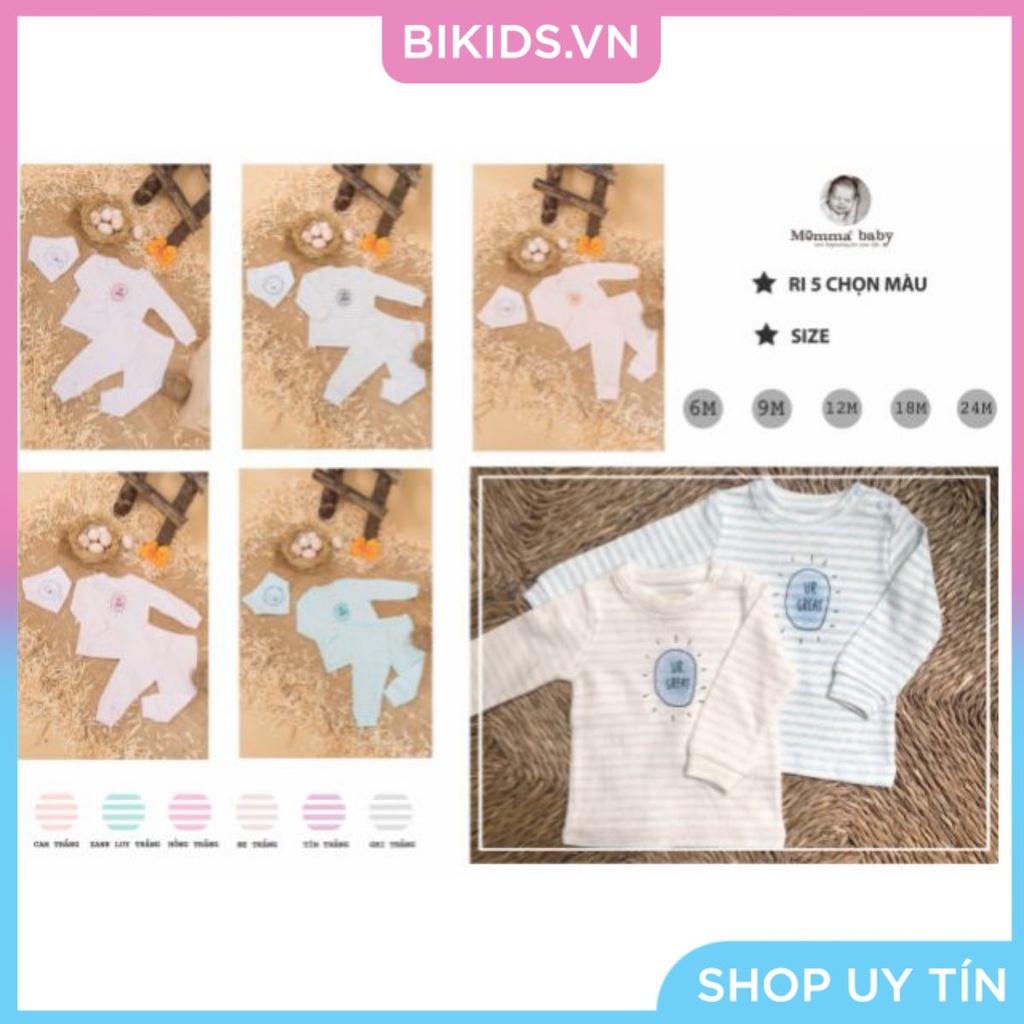 Momma - Bộ cài vai kẻ chất cotton len kèm khăn tam giác 6-24m