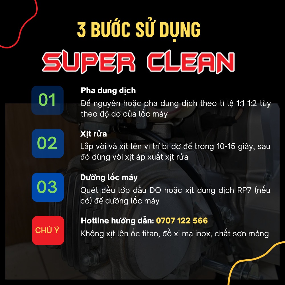 DUNG DỊCH TẨY RỬA ĐẦU BÒ LỐC MÁY XE MÁY SIÊU SẠCH SUPER CLEAN
