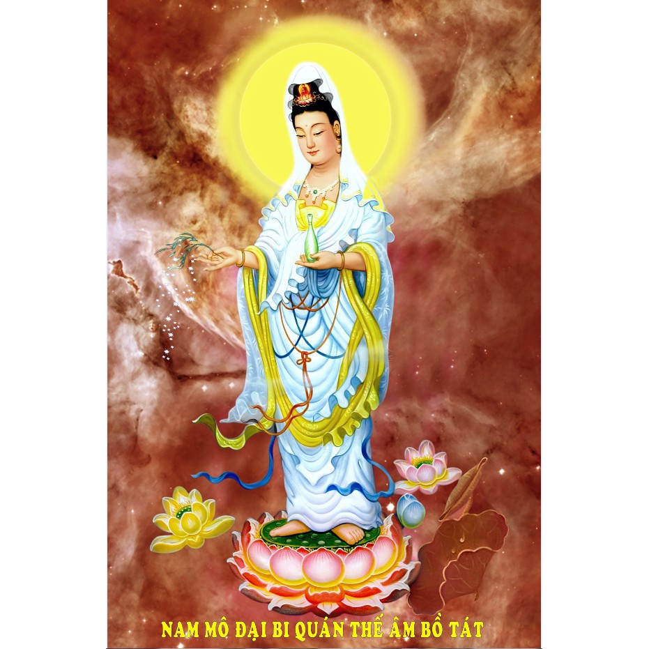 Tranh dán tường 3D - Phật Quan Âm đứng - chất liệu decan phủ kim sa cao cấp (KHÔNG KHUNG) -khách hàng tự dán-giá xưởng