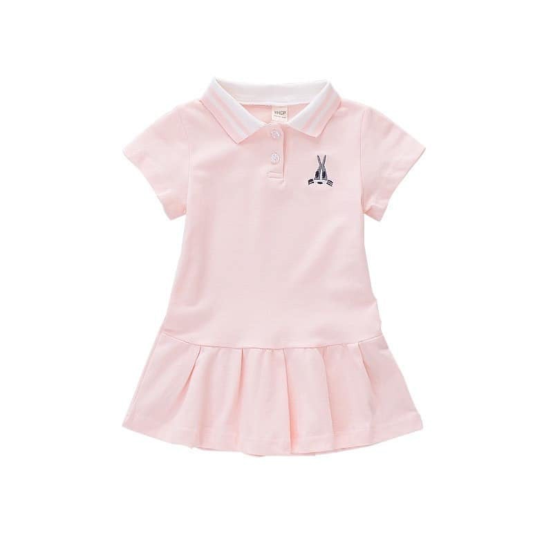 Váy đầm bé gái polo cổ bẻ thêu thỏ dáng đuôi cá chất cotton 4 chiều thấm hút co giãn mềm đẹp