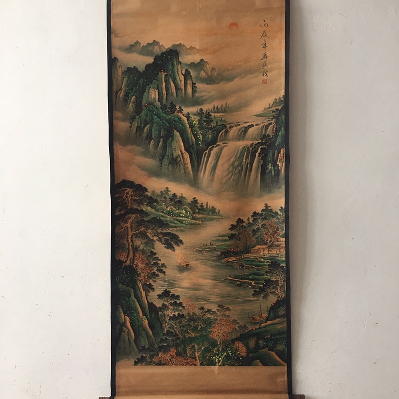 Tranh giả cổ Sơn Thủy của họa sĩ Chân Nhiên, Tranh giấy xuyến chỉ viền bo lụa size lớn 155 x 74cm