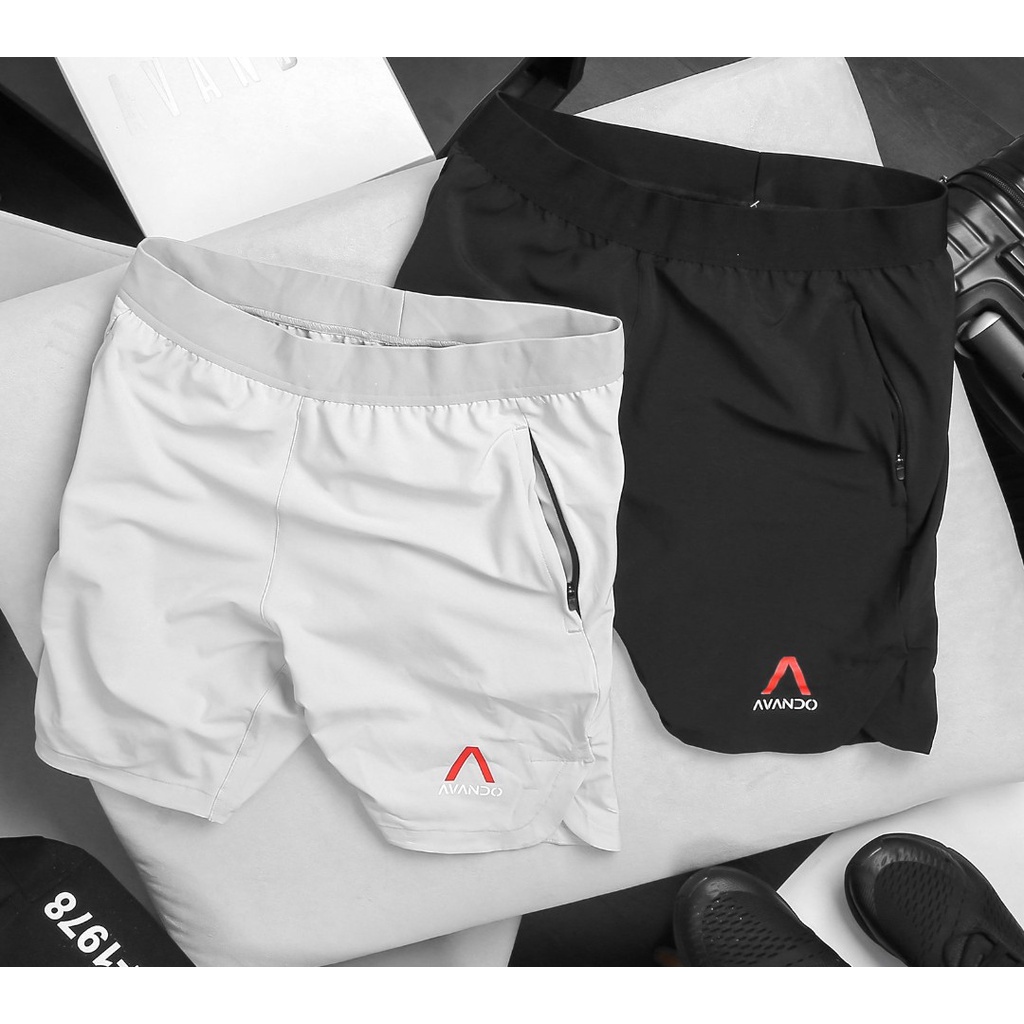 Quần Short Thể Thao Nam Avando, Thấm Hút Mồ Hôi Tốt Chất vải Polyester-Flex co giãn