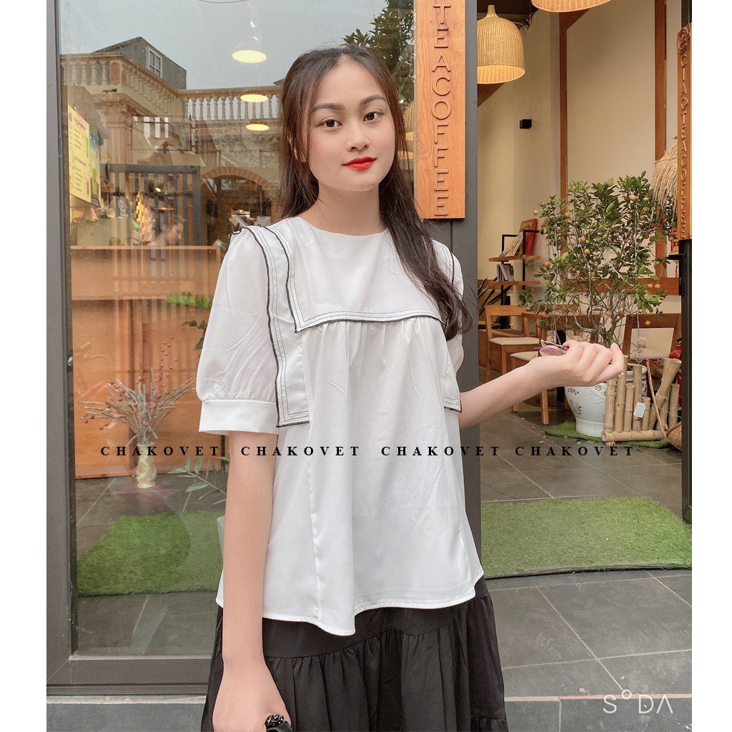 Áo babydoll nữ tay ngắn, kiểu sơ mi nữ cộc tay cổ tròn sành điệu cá tính, áo kiểu nữ họa tiết ngực bèo dáng xinh -cka802 | BigBuy360 - bigbuy360.vn