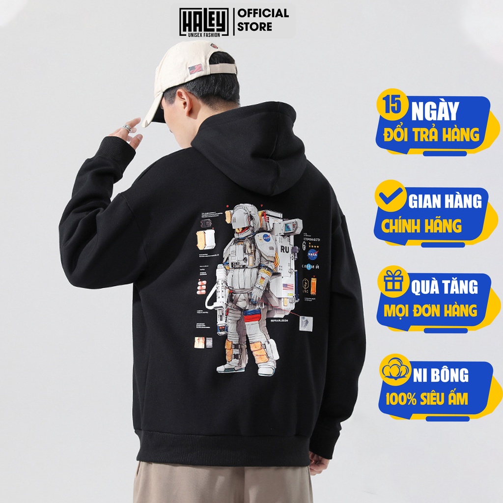 Áo Hoodie nam nữ HD110 Phi Hành Gia Nasa HALEY unisex phong cách Hàn Quốc cá tính, Chất Nỉ Dày Dặn Ấm Áp