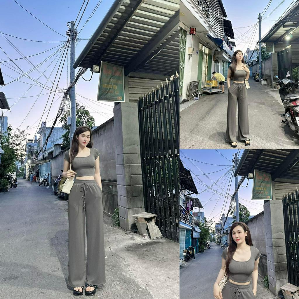 Set đồ bộ nữ đồ ngủ tay ngắn quần dài ống rộng mặc ở nhà dạo phố