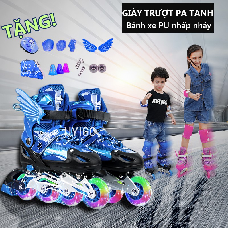 FU14BM giày trượt patin trẻ em 1 hàng bánh size M-L, giày pa tanh thời trang cánh thiên thần có đèn nháy superbank908