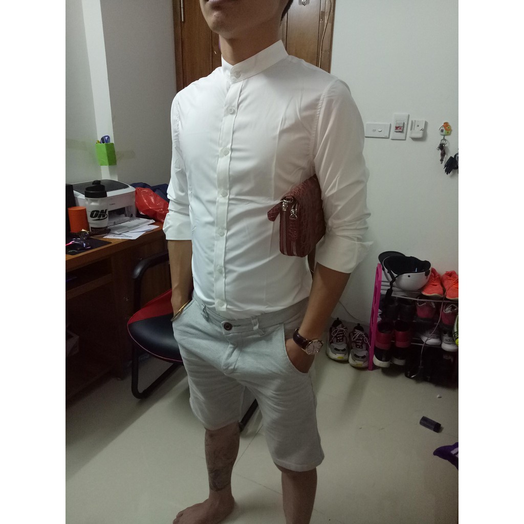 [GIÁ SƯỞNG]Sơ mi trắng cổ tàu chất liệu lụa thái bóng nhẹ không nhăn không xù không bám bụi | BigBuy360 - bigbuy360.vn