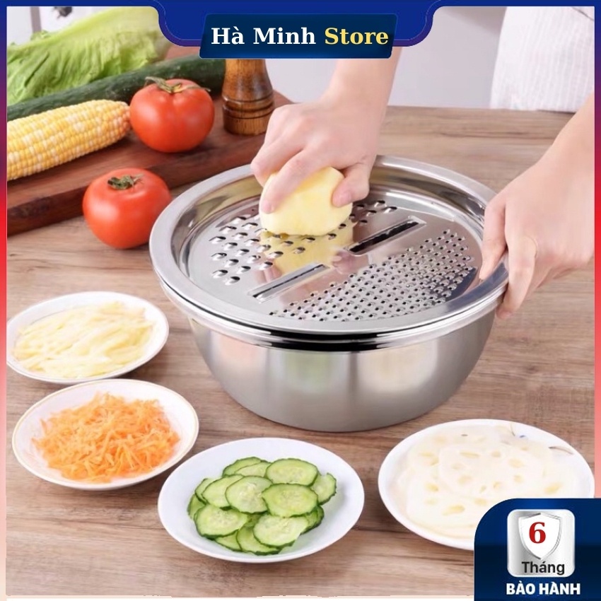 [Hàng Loại A] Bộ Dụng Cụ Bào Rau Củ Đa Năng 3 Trong Kiêm Rổ Và Chậu Inox Cao Cấp - Bộ Nạo Bào Rau Củ