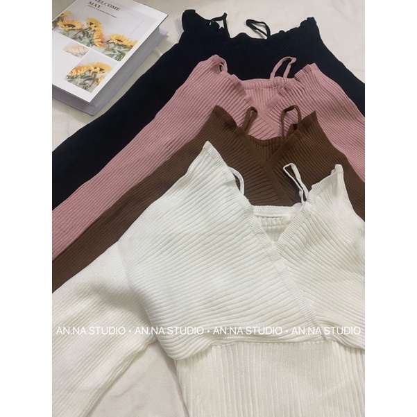 Áo len nữ dài tay bồng điệu cổ V hai dây