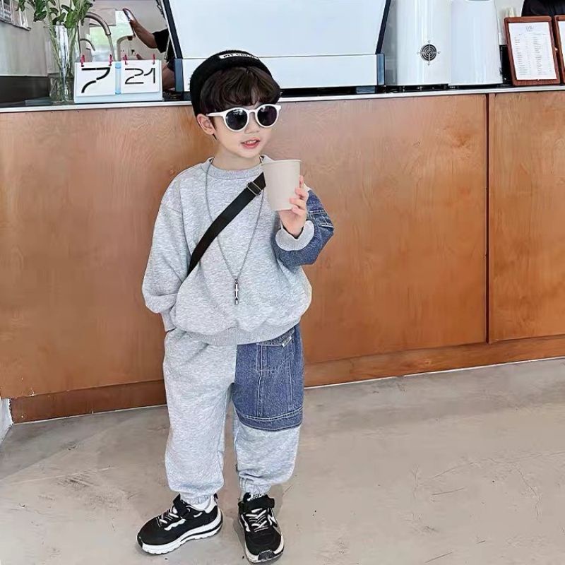 Bộ nỉ da cá phối quần jean cá tính cho bé trai Set bộ dài tay mặc thu đông chất vải lacoste từ 1 2 3 4 5 6 tuổi