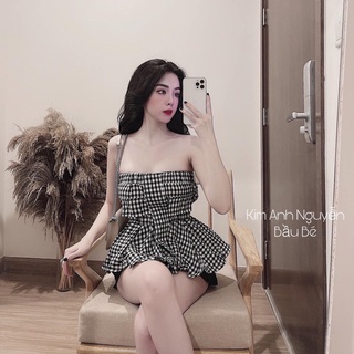 set bộ nữ áo cúp ngực quây dáng xoè kẻ + quần sooc đùi chun