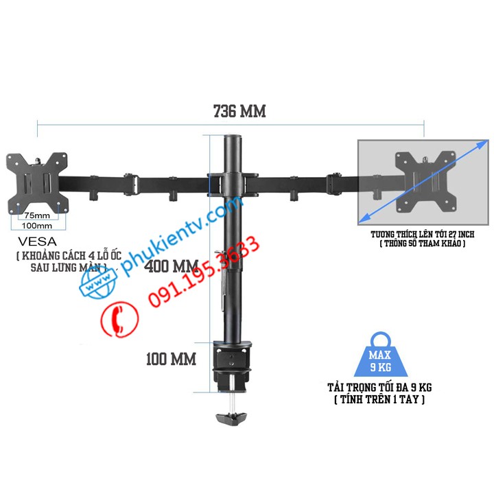 Giá Treo Màn Hình - Giá Đỡ 2 Màn Hình M052 17 - 27 Inch - Xoay 360 Độ - Tay Đỡ Hai Màn Hình Kẹp Bàn Đa Năng