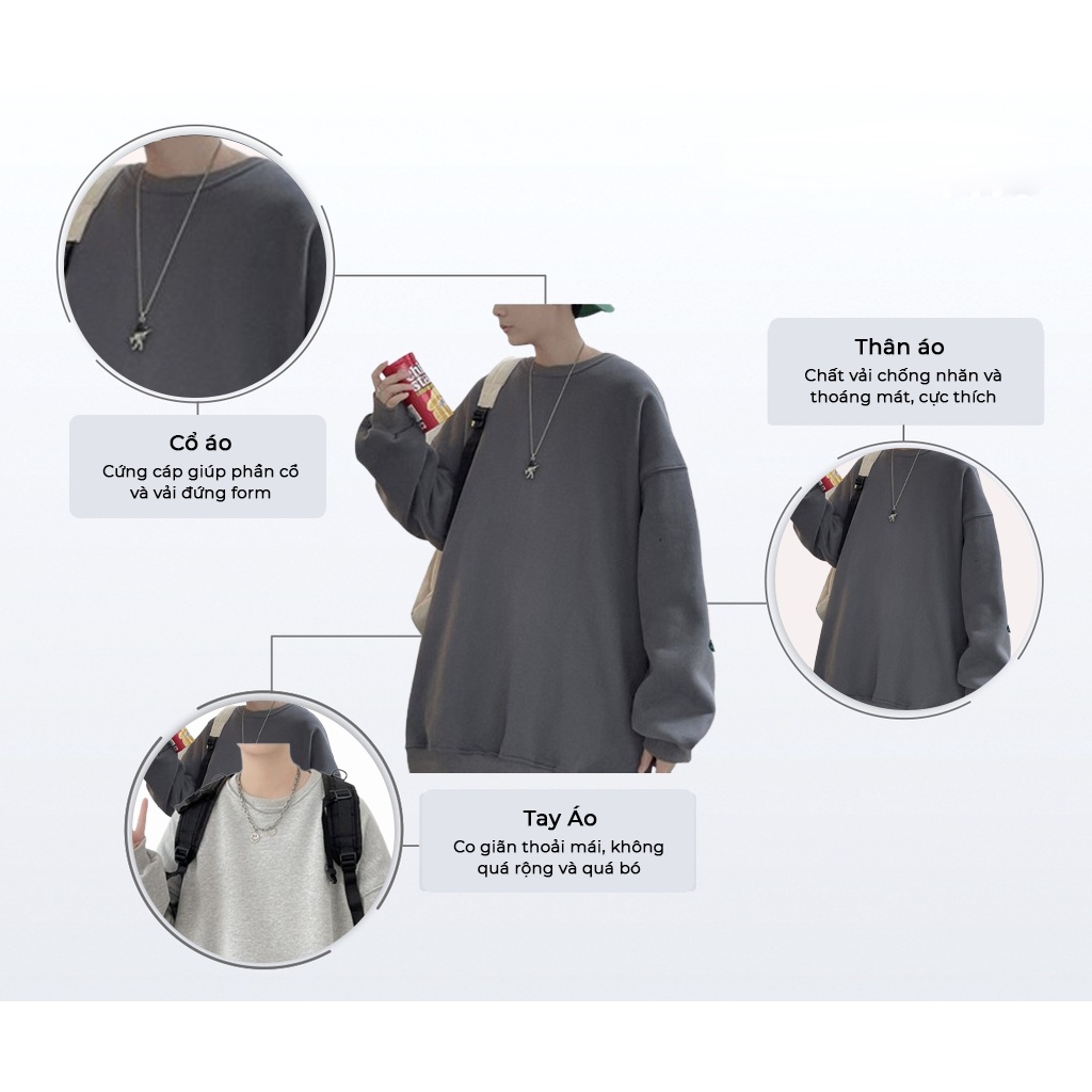 Áo Sweater Nỉ Bông Nam, Nữ Basic Form Rộng Unisex Màu Xám SWT 900