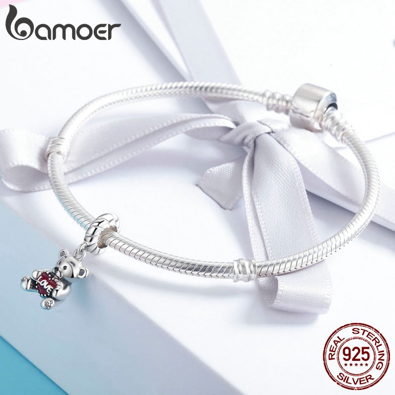 Hạt phụ kiện Bamoer bạc 925 hình con gấu xinh xắn dễ thương
