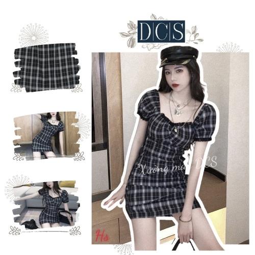 Váy kẻ caro đen viền bèo bo chun ngực tay phồng chất thô xưởng may DCS