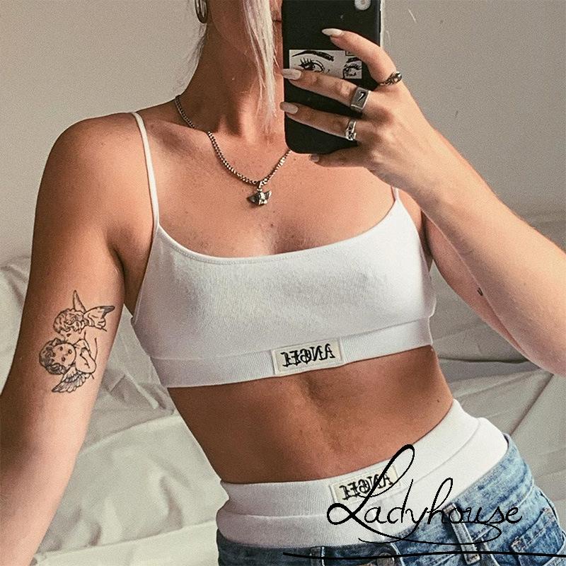 Bộ 2 Món Áo Croptop Hai Dây Cổ Chữ U In Chữ + Quần Ngắn Mùa Hè Cho Nữ