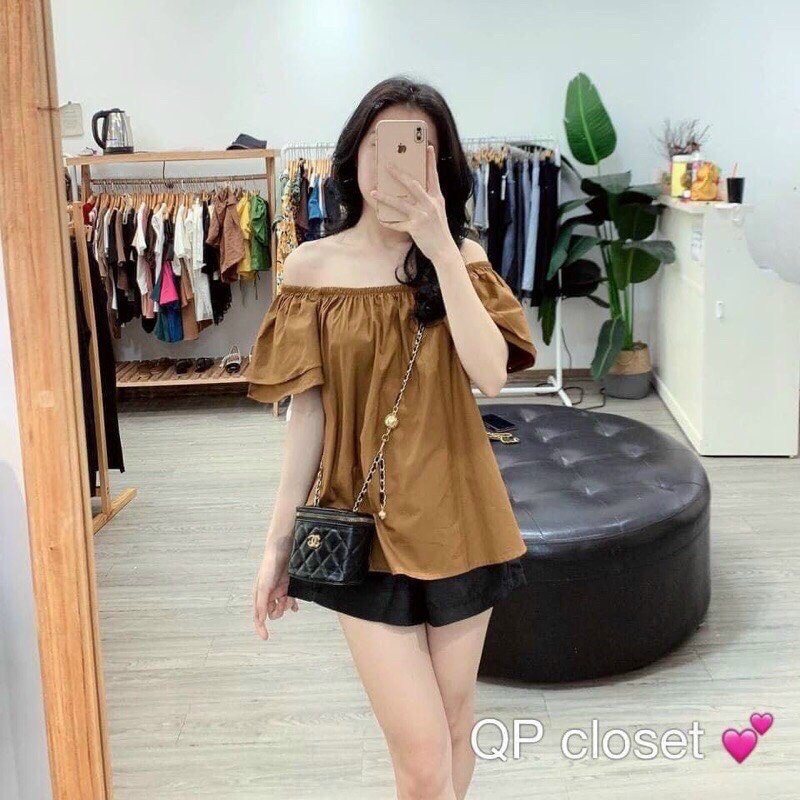 Sét bộ cộc áo cổ bo chun mặc được 2 kiểu bình thường hoặc hở vai vải mát 3 màu xanh hồng và nâu