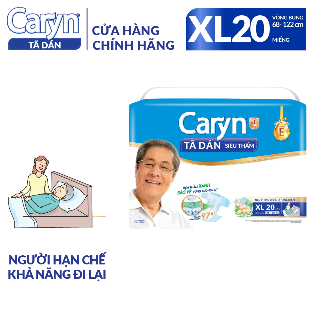 Tã/Bỉm dán người lớn siêu thấm Caryn dành cho người hạn chế khả năng đi lại Size XL (10/20pcs)