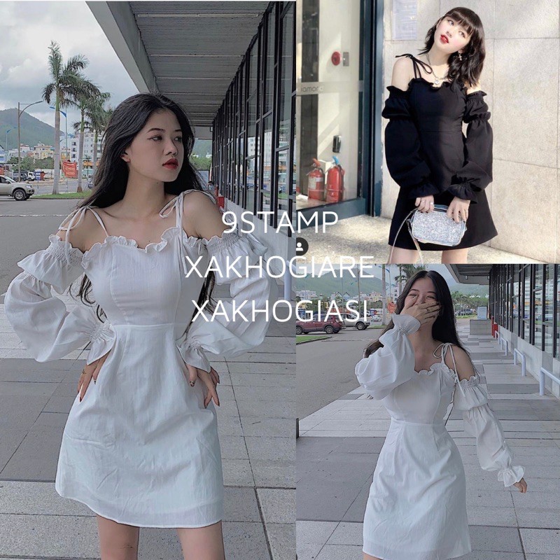 Đầm dự tiệc trễ vai hai dây có clip thật