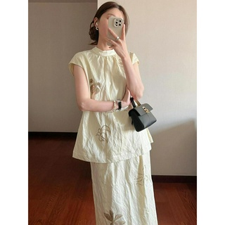 Whbyzwhcb Mùa Hè 2024 Phong Cách Mới Phong Cách Trung Hoa Phong Cách Zen Mặc Cổ Tròn Không Tay Cao Cấp Váy Ôm vừa vặn Bộ Hai Mảnh